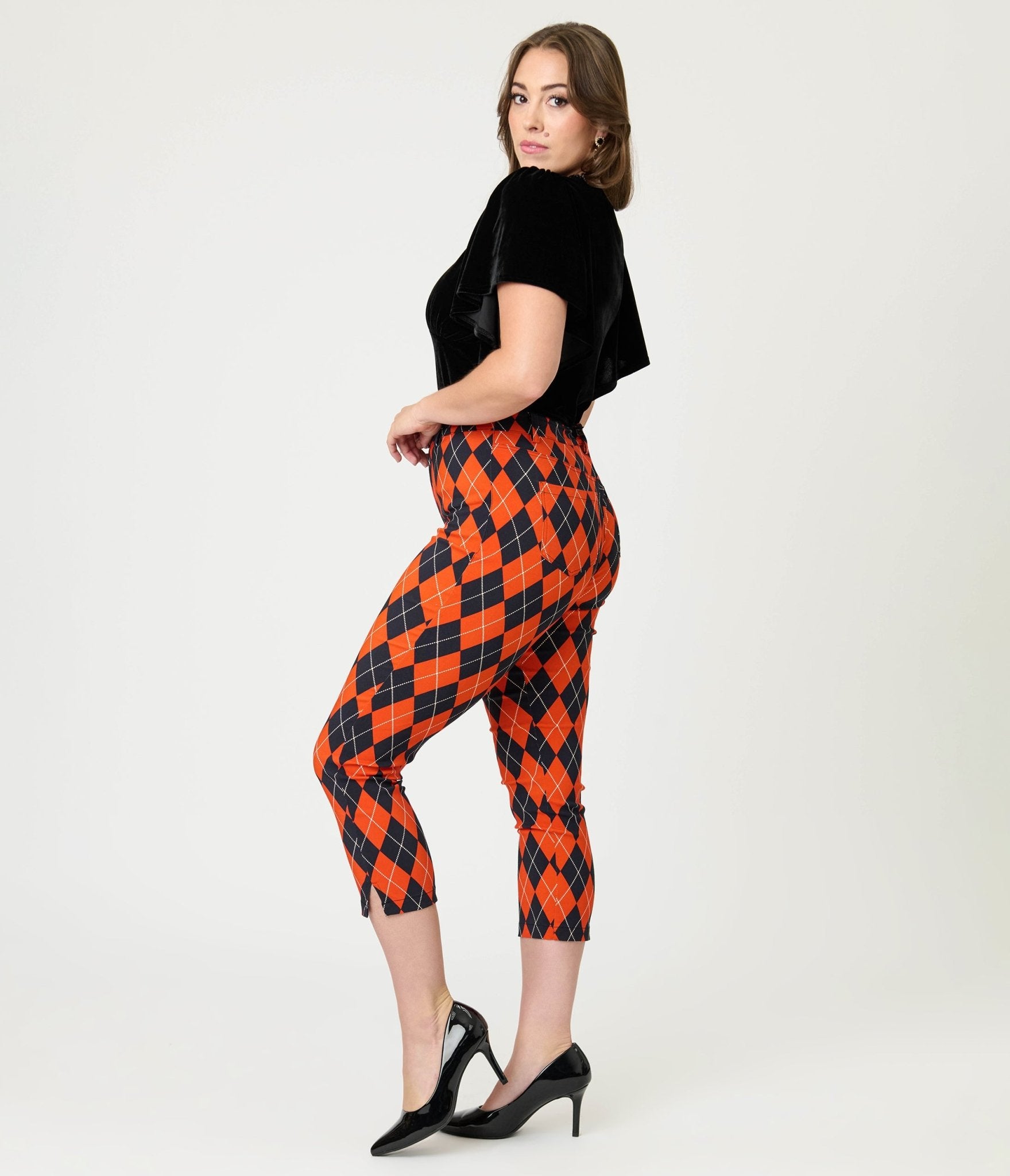 Unique Vintage Orange Argyle Rachelle Capri Pants - Unique Vintage - Womens, BOTTOMS, PANTS