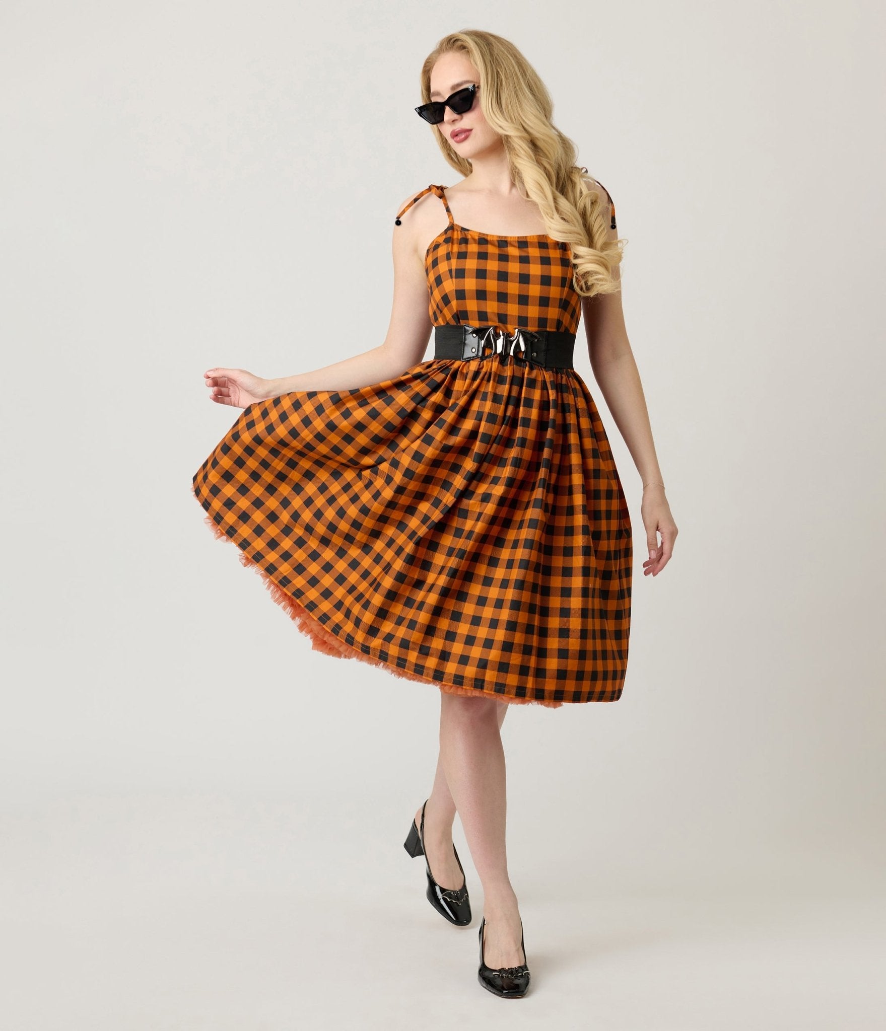 Unique Vintage Orange & Black Gingham Cotton Bobbie Swing Dress - Unique Vintage - Womens, DRESSES, SWING