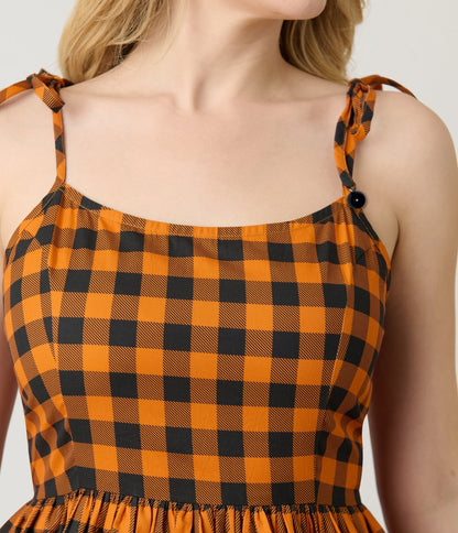 Unique Vintage Orange & Black Gingham Cotton Bobbie Swing Dress - Unique Vintage - Womens, DRESSES, SWING