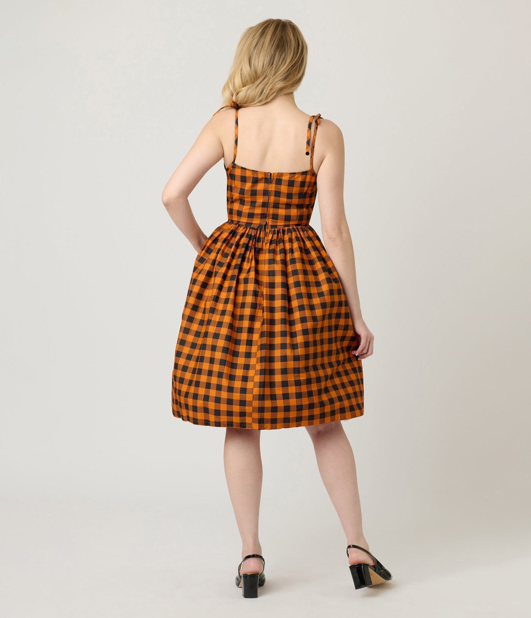 Unique Vintage Orange Black Gingham Cotton Bobbie Swing Dress