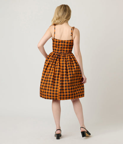 Unique Vintage Orange & Black Gingham Cotton Bobbie Swing Dress - Unique Vintage - Womens, DRESSES, SWING