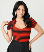 Unique Vintage Orange & Black Stripe Pentagon Collar Knit Top - Unique Vintage - Womens, TOPS, KNIT TOPS