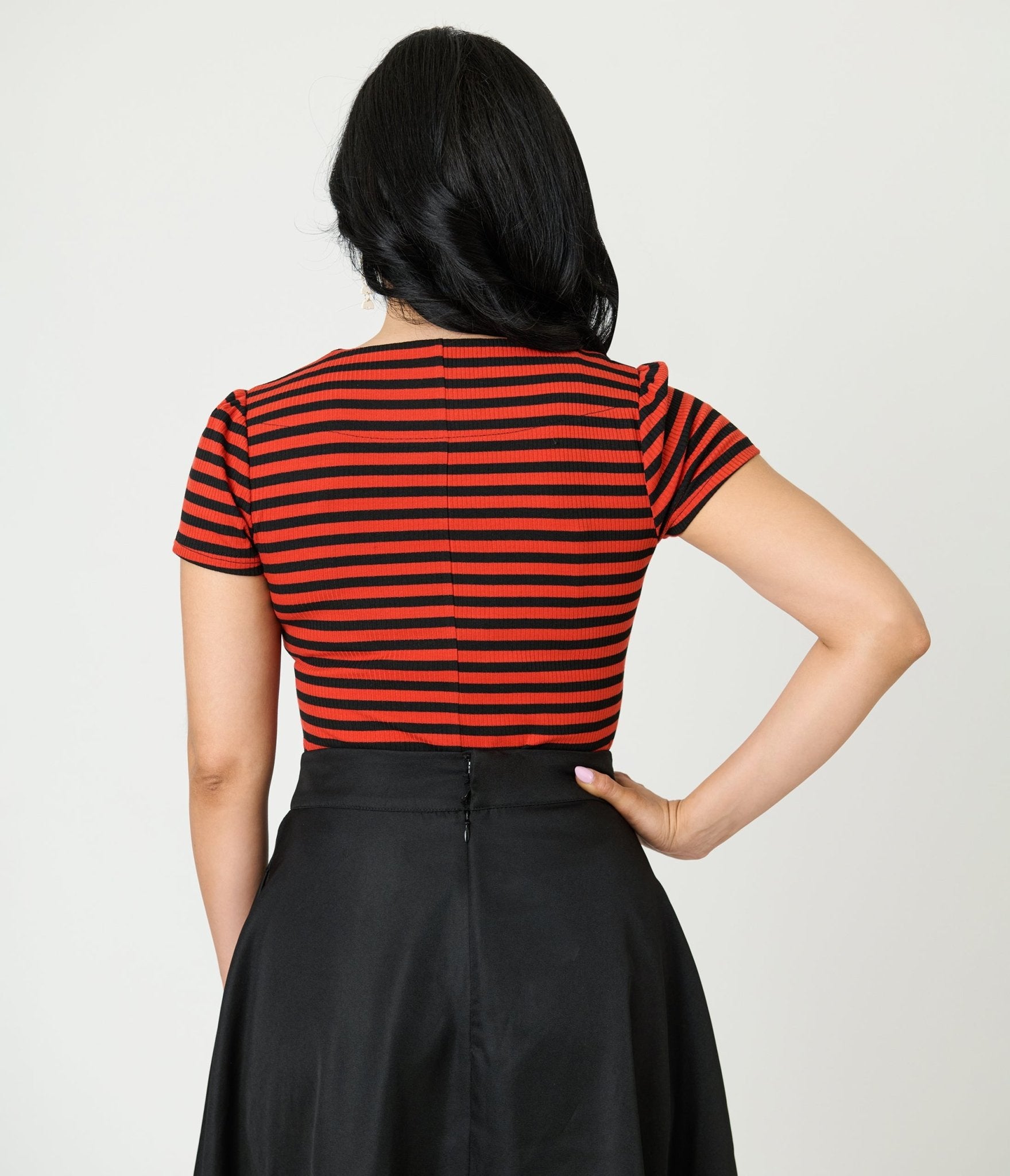 Unique Vintage Orange & Black Stripe Pentagon Collar Knit Top