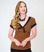 Unique Vintage Orange & Black Stripe V-Neck Bow Top - Unique Vintage - Womens, TOPS, KNIT TOPS