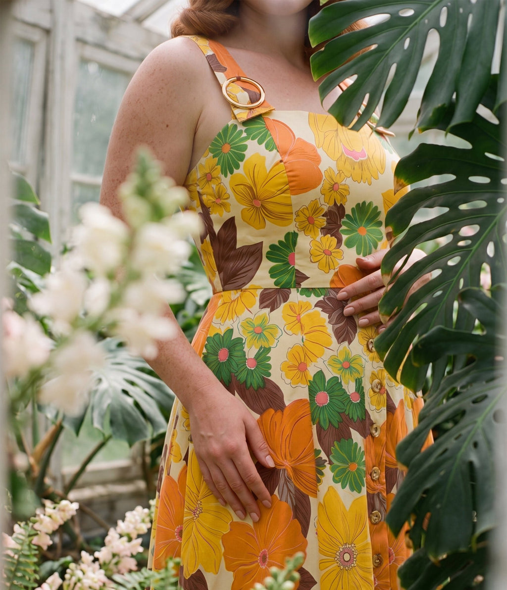 orange patterned midi dress Unique Vintage Orange Floral Picnic Perfect Midi Dress