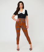 Unique Vintage Orange Gingham High Waist Rizzo Cigarette Pants - Unique Vintage - Womens, BOTTOMS, PANTS
