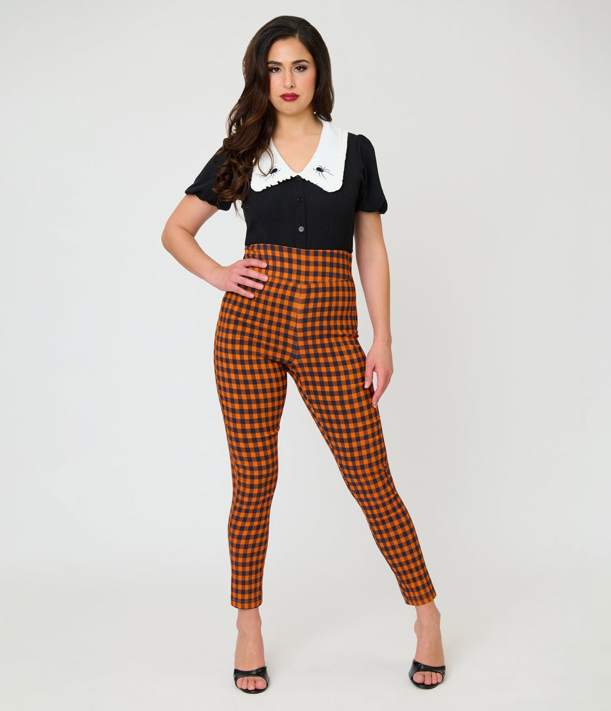Unique Vintage Orange Gingham High Waist Rizzo Cigarette Pants - Unique Vintage - Womens, BOTTOMS, PANTS