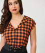 Unique Vintage Orange Gingham Twill Sleeveless Blouse