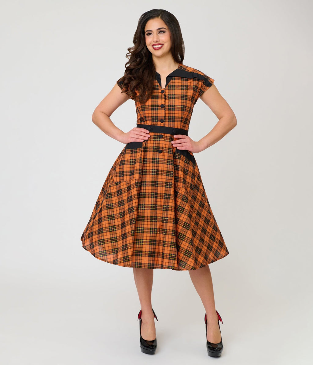 Unique Vintage Orange Plaid Cotton Hedda Swing Dress - Unique Vintage - Womens, DRESSES, SWING