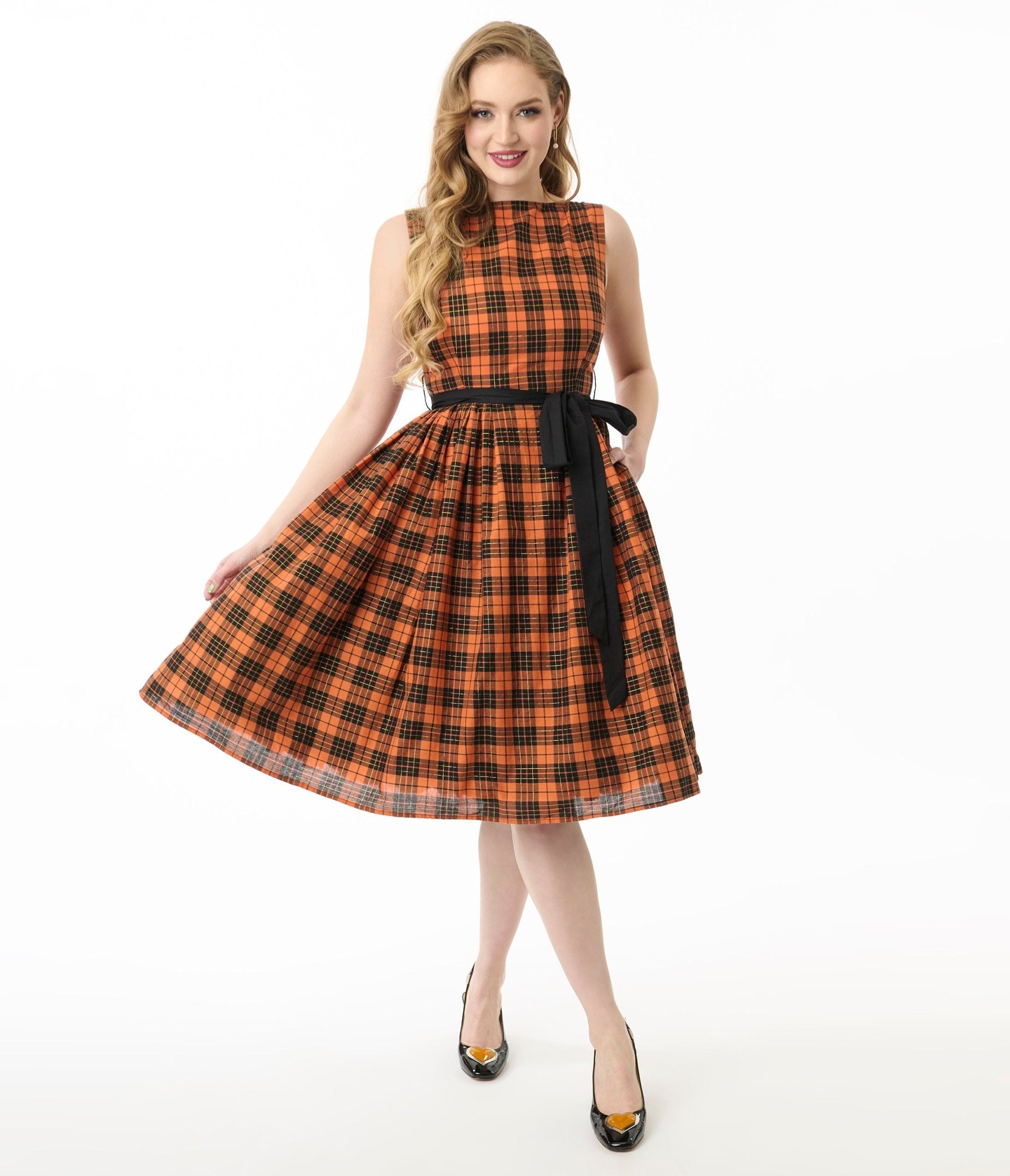 Unique Vintage Orange Plaid Sleeveless Cotton Swing Dress - Unique Vintage - Womens, DRESSES, SWING