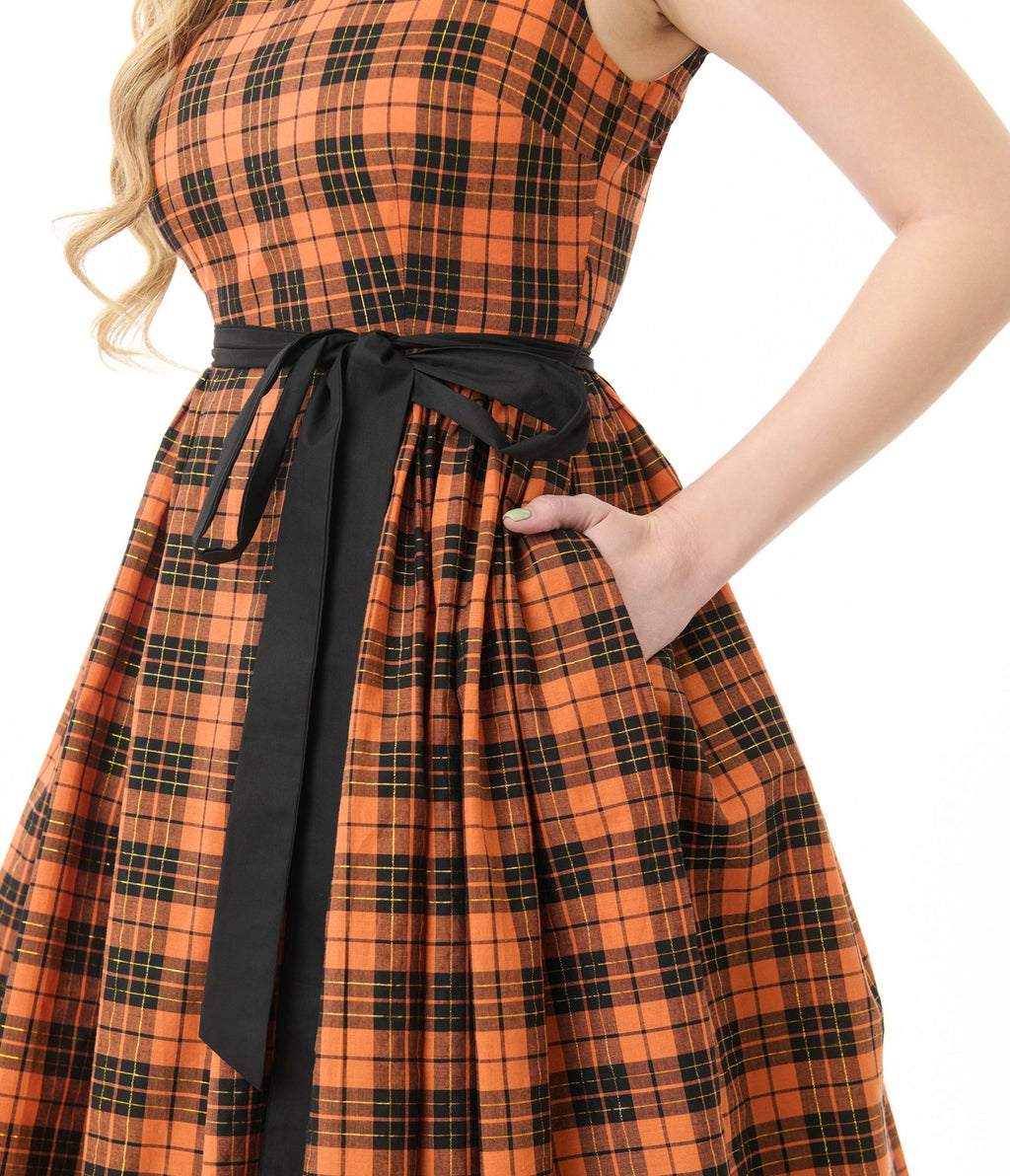 Unique Vintage Orange Plaid Sleeveless Cotton Swing Dress - Unique Vintage - Womens, DRESSES, SWING