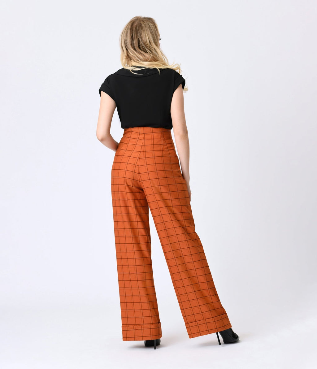 Unique Vintage Orange Windowpane Buttoned Wide Leg Trousers - Unique Vintage - Womens, BOTTOMS, PANTS