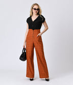 Unique Vintage Orange Windowpane Buttoned Wide Leg Trousers - Unique Vintage - Womens, BOTTOMS, PANTS