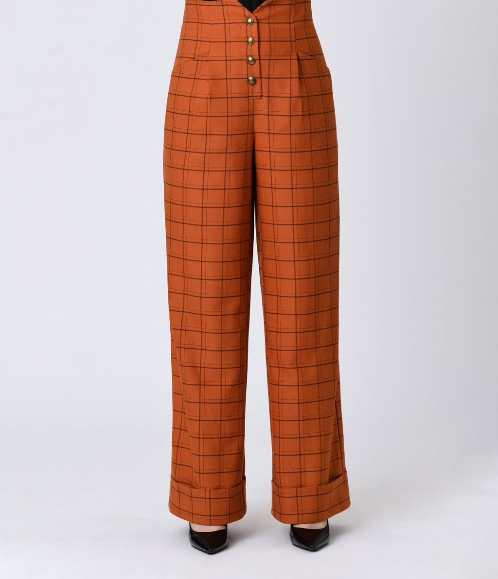 Unique Vintage Orange Windowpane Buttoned Wide Leg Trousers - Unique Vintage - Womens, BOTTOMS, PANTS
