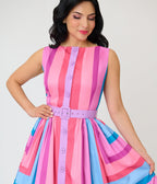 Unique Vintage Pastel Purple & Blue Stripe Sleeveless Button Swing Dress - Unique Vintage - Womens, DRESSES, SWING