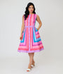 Unique Vintage Pastel Purple & Blue Stripe Sleeveless Button Swing Dress