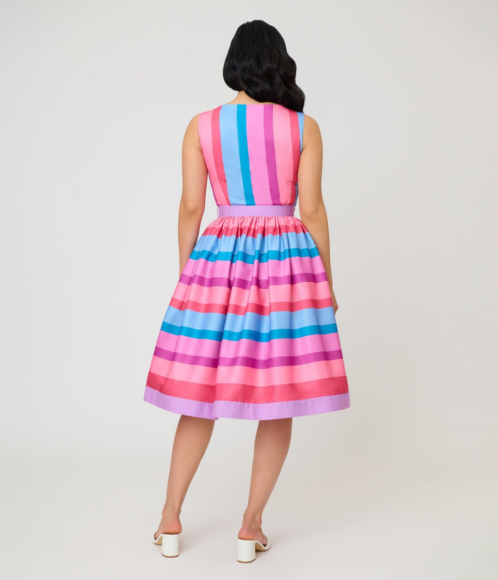 Unique Vintage Pastel Purple & Blue Stripe Sleeveless Button Swing Dress - Unique Vintage - Womens, DRESSES, SWING