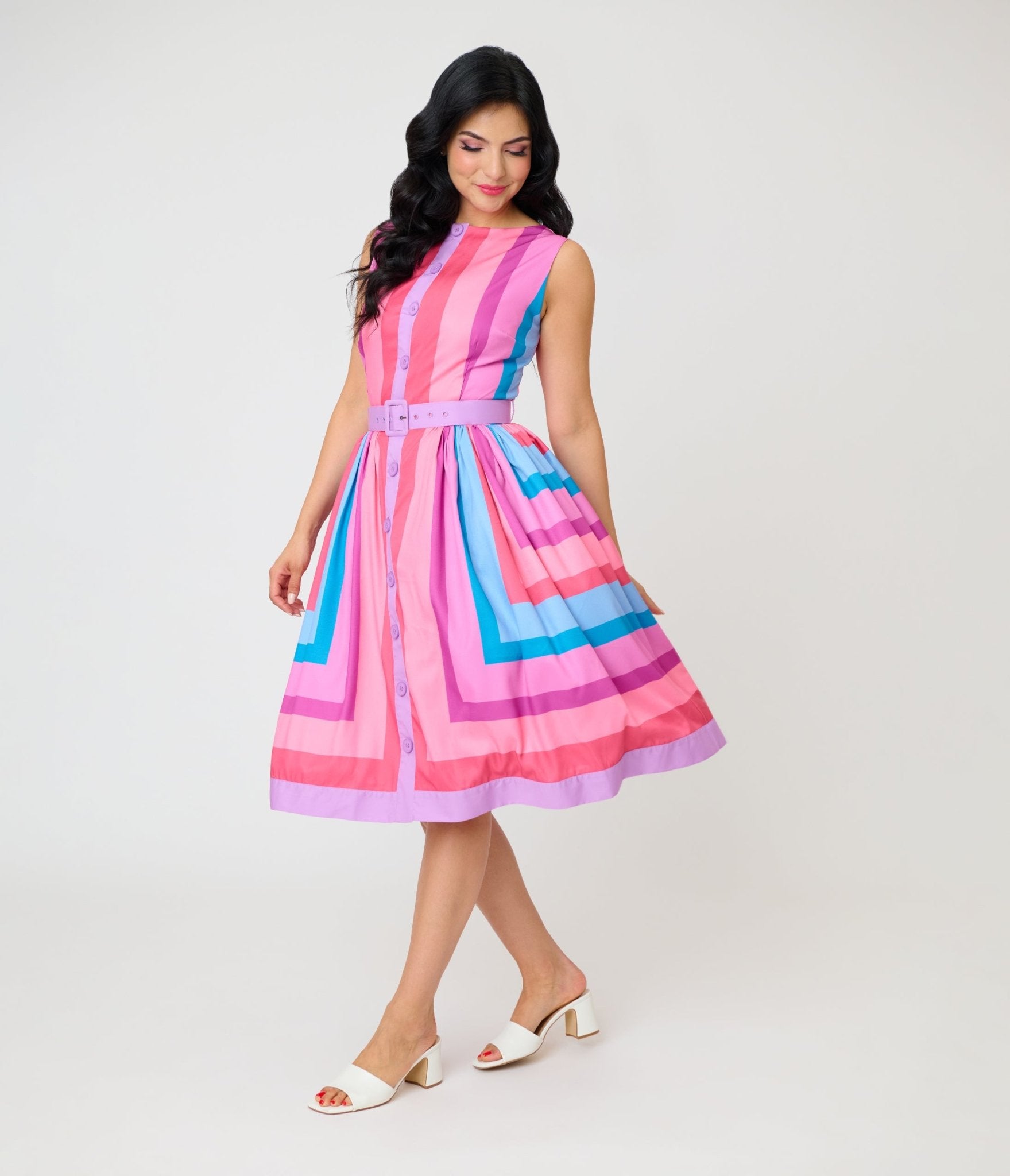 Unique Vintage Pastel Purple & Blue Stripe Sleeveless Button Swing Dress M/8-10