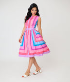 Unique Vintage Pastel Purple & Blue Stripe Sleeveless Button Swing Dress - Unique Vintage - Womens, DRESSES, SWING