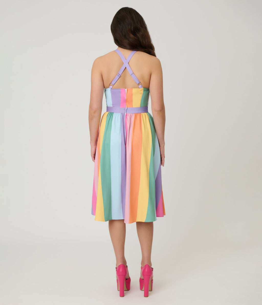 pastel color dress Unique Vintage Pastel Rainbow Stripe Lombard Swing Dress