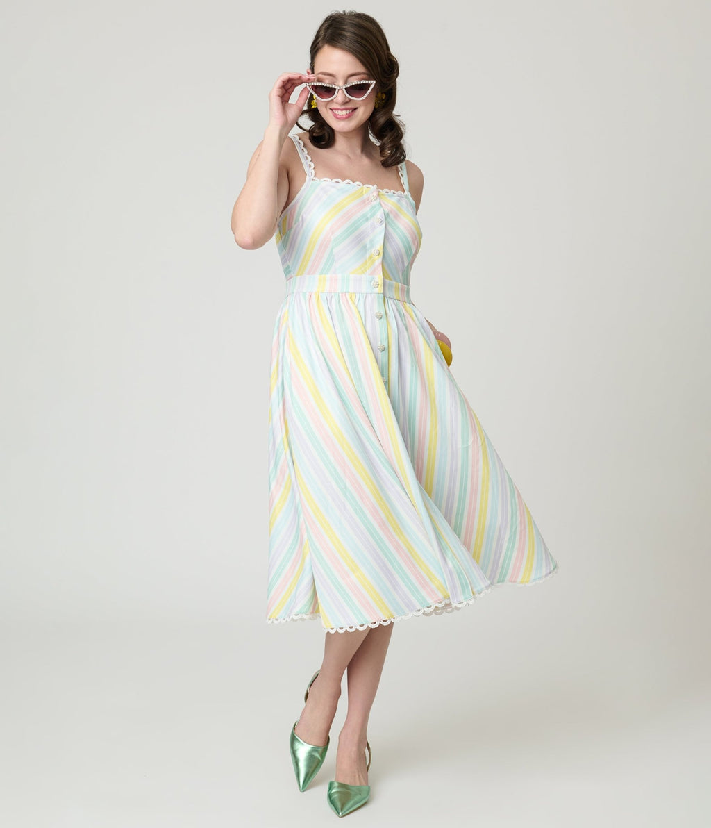 Unique Vintage Pastel Stripe Piper Swing Dress S/4-6 Unique Vintage Pastel Stripe Piper Swing Dress S/4-6