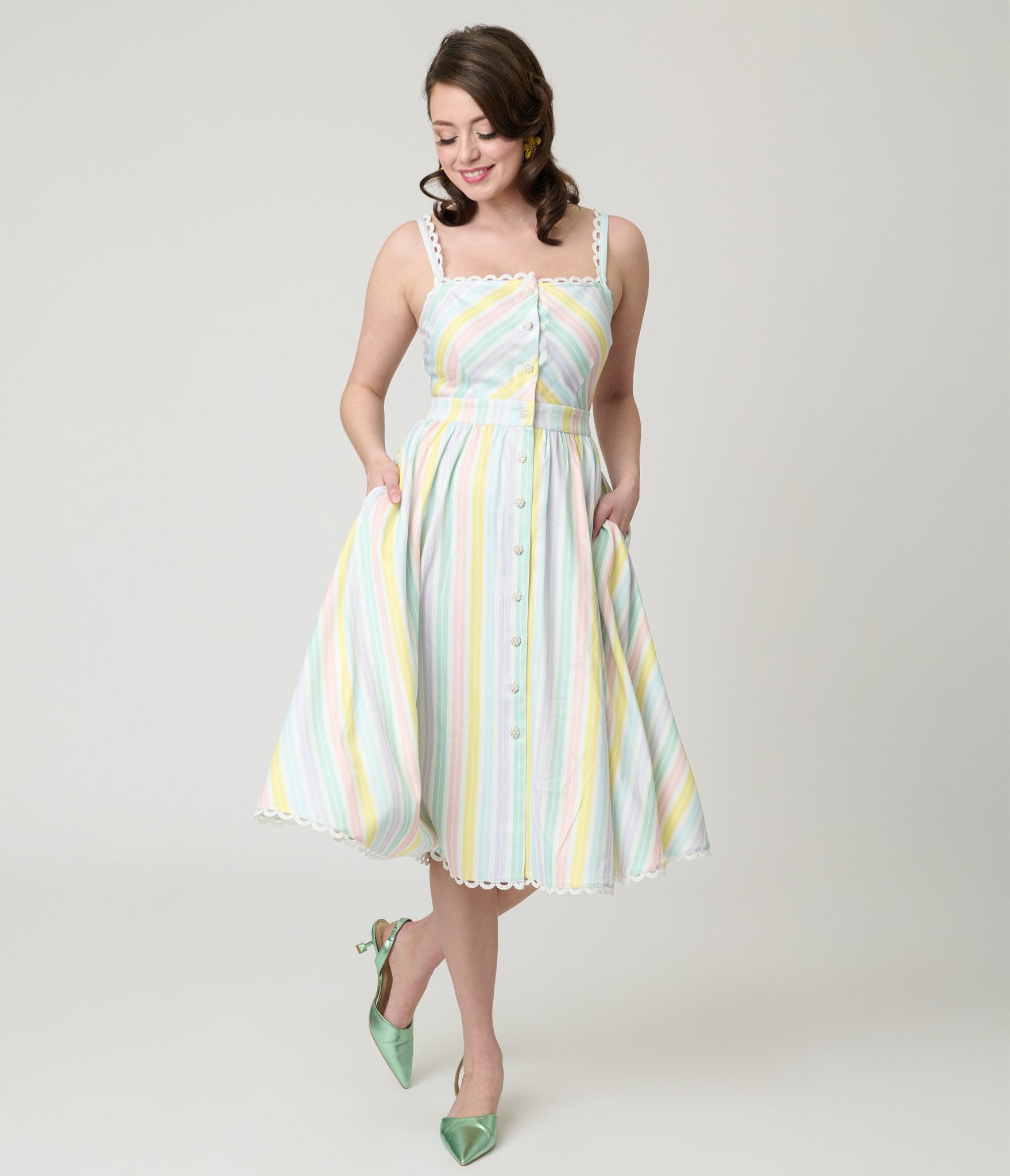 Unique Vintage Pastel Stripe Piper Swing Dress S/4-6