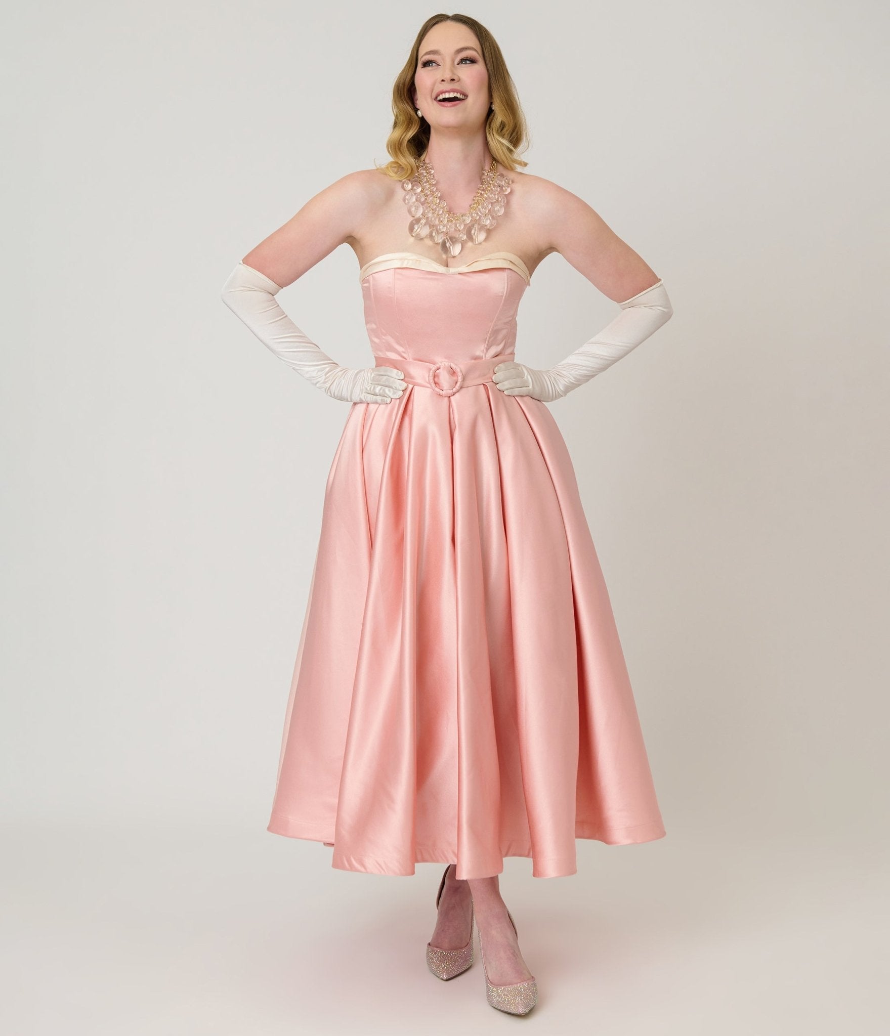 Unique Vintage Peach & Cream Strapless Tea Length Gown - Unique Vintage - Womens, DRESSES, PROM AND SPECIAL OCCASION