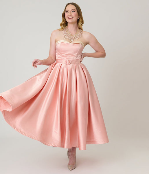 Unique Vintage Peach & Cream Strapless Tea Length Gown