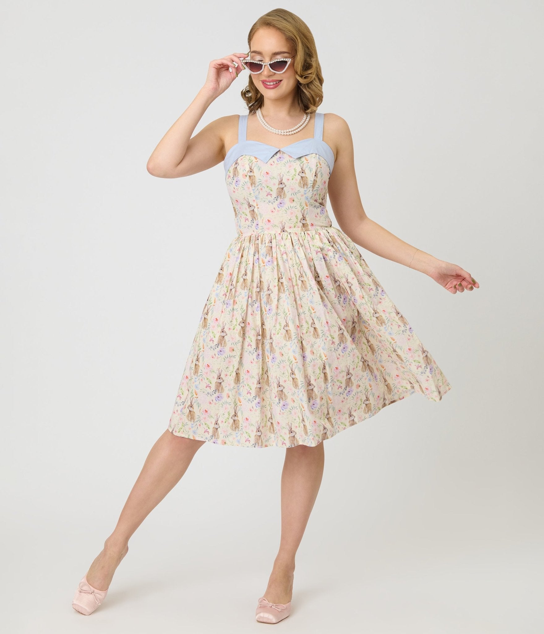 Unique Vintage Periwinkle Bunny Print Rachel Swing Dress - Unique Vintage - Womens, DRESSES, SWING
