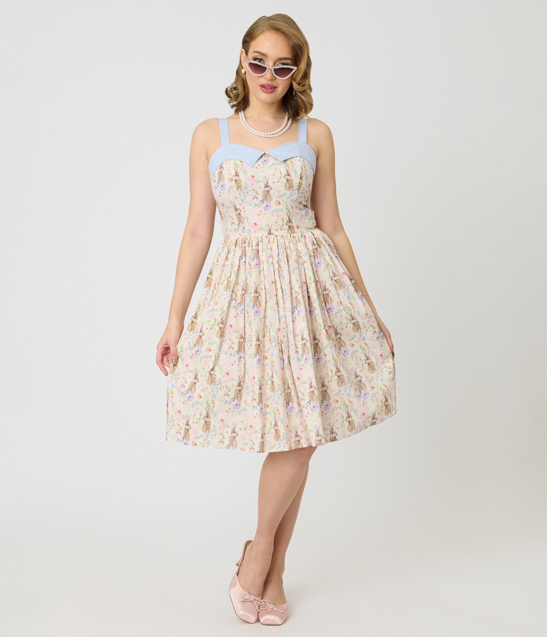 Unique Vintage Periwinkle Bunny Print Rachel Swing Dress - Unique Vintage - Womens, DRESSES, SWING