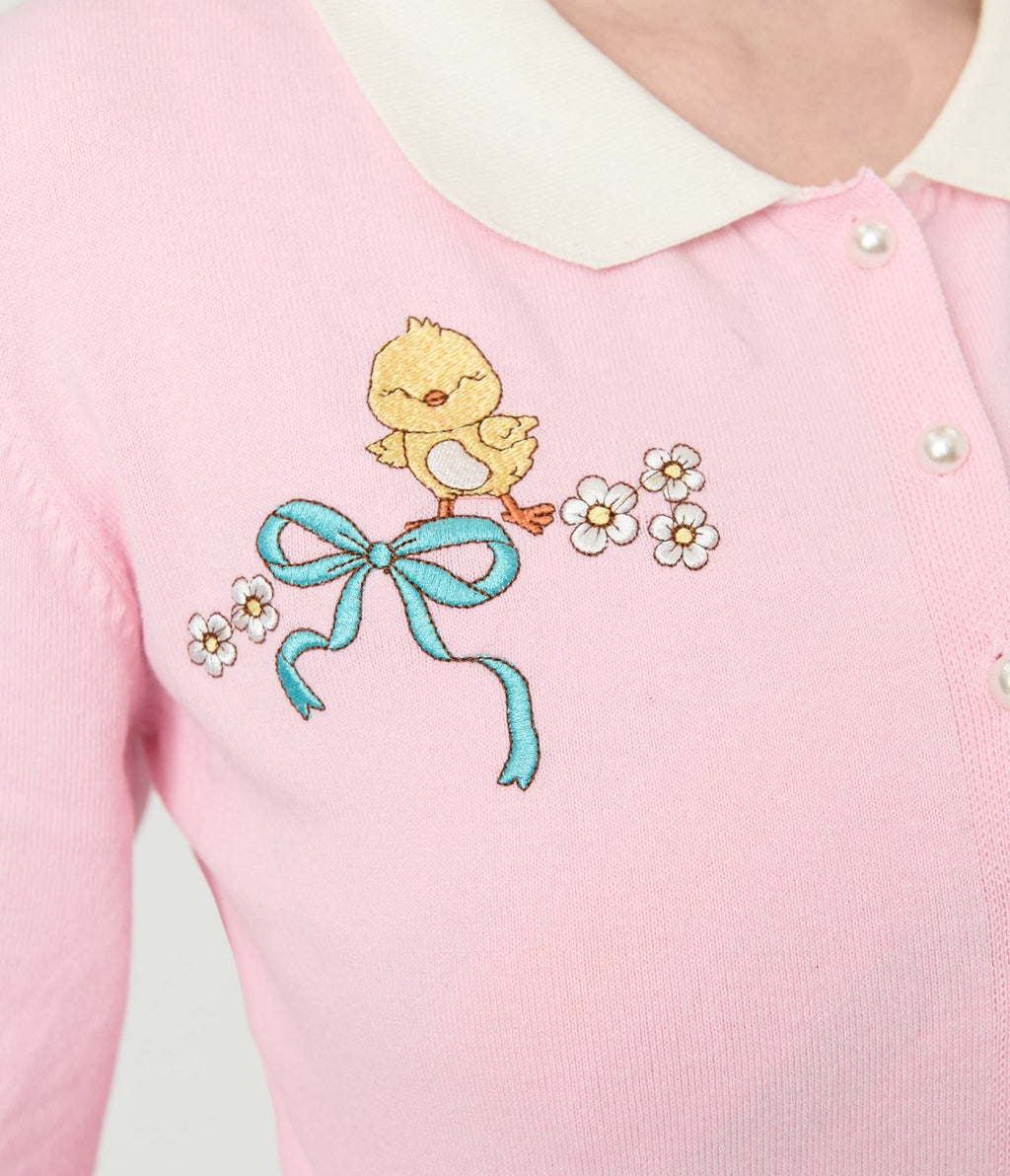 Unique Vintage Pink Chick Embroidered Cardigan - Unique Vintage - Womens, TOPS, SWEATERS