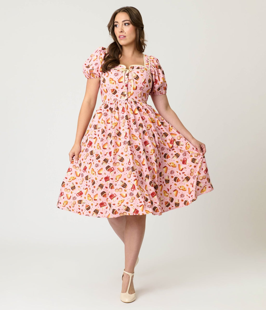 Unique Vintage Pink Fall Treats Print Button Front Swing Dress - Unique Vintage - Womens, DRESSES, SWING