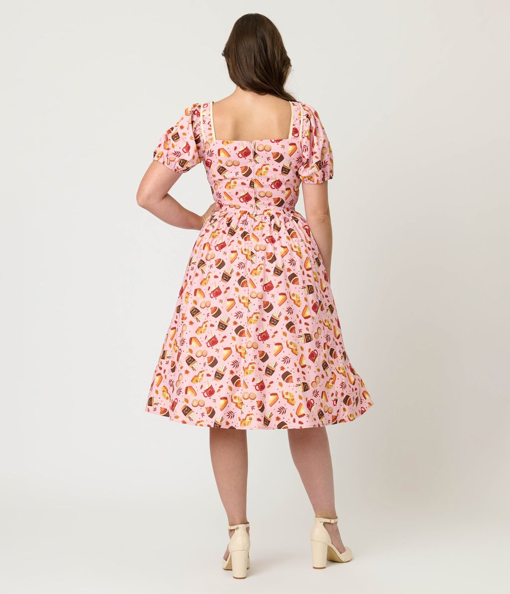 Unique Vintage Pink Fall Treats Print Button Front Swing Dress - Unique Vintage - Womens, DRESSES, SWING