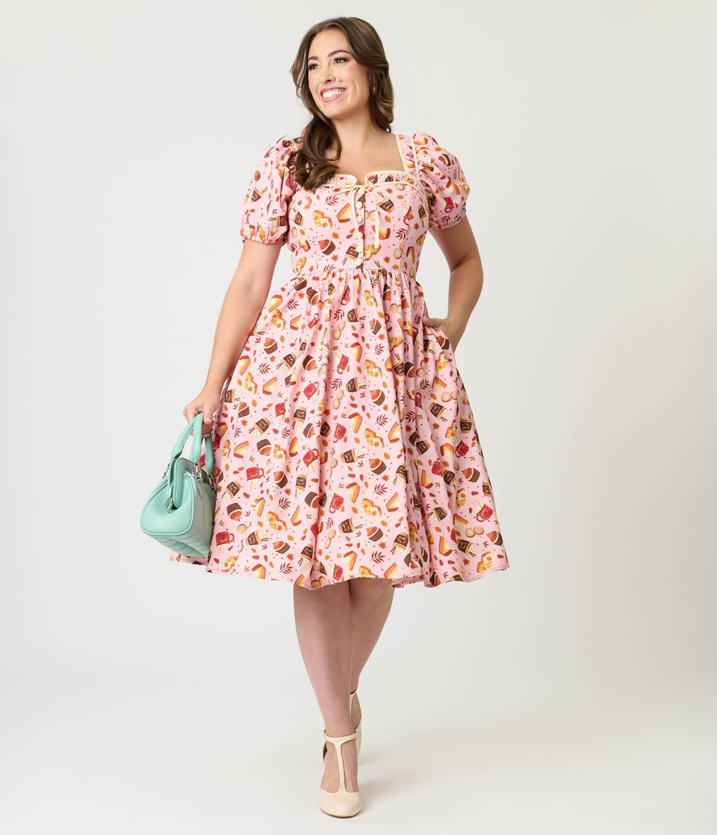 Unique Vintage Pink Fall Treats Print Button Front Swing Dress Unique Vintage Pink Fall Treats Print Button Front Swing Dress
