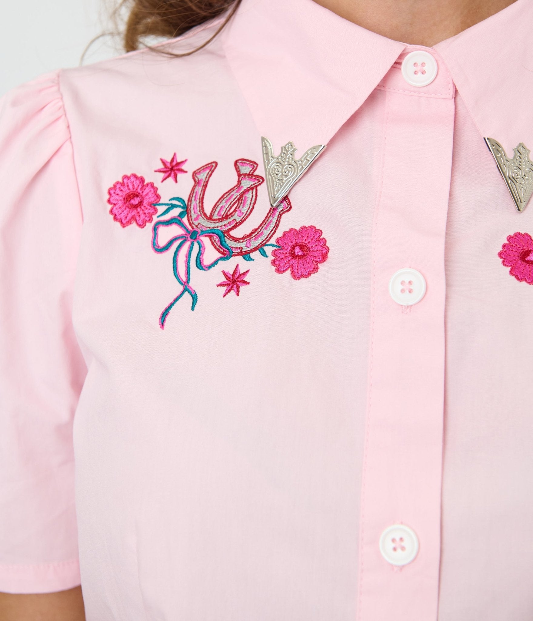 Unique Vintage Pink Horseshoe & Silver Tipped Collar Blouse - Unique Vintage - Womens, TOPS, WOVEN TOPS