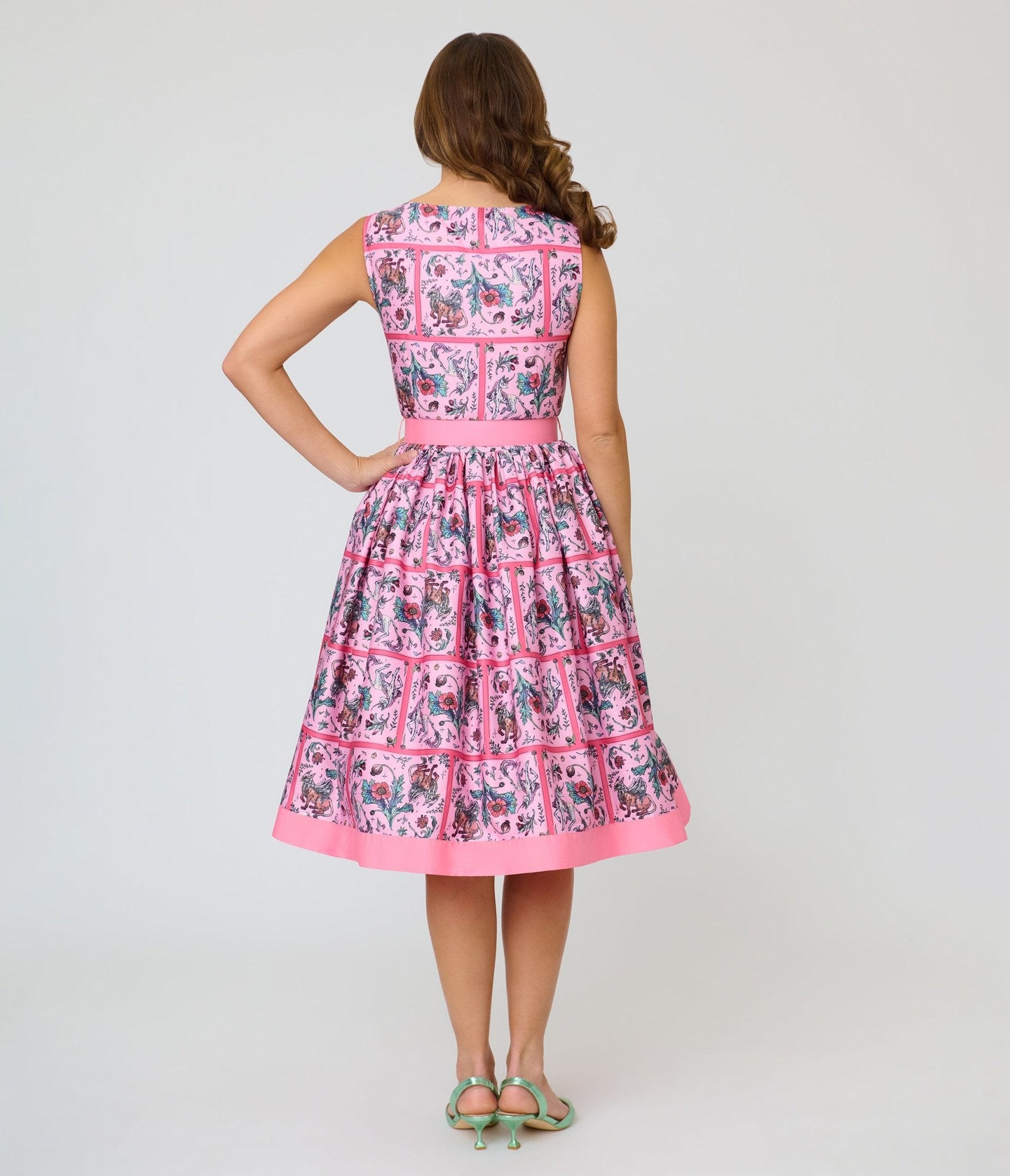 Unique Vintage Pink Mythical Creatures Sleeveless Button Swing Dress - Unique Vintage - Womens, DRESSES, SWING