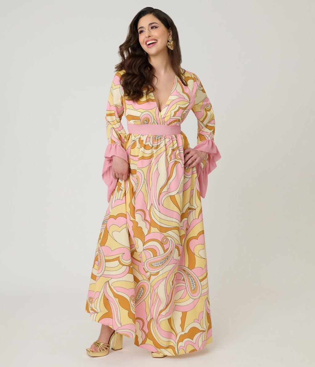 Unique Vintage Pink Paisley Maxi Dress S/4-6