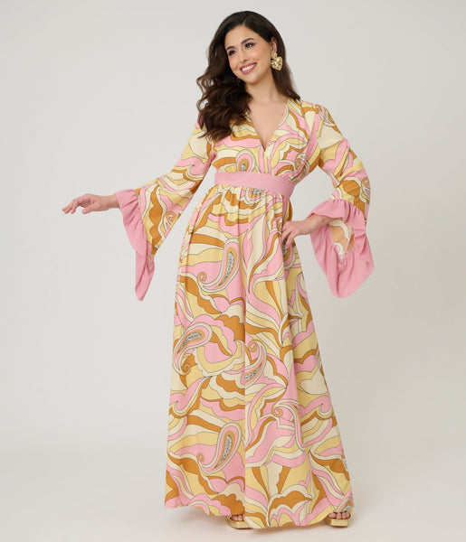 Unique Vintage Pink Paisley Maxi Dress S/4-6