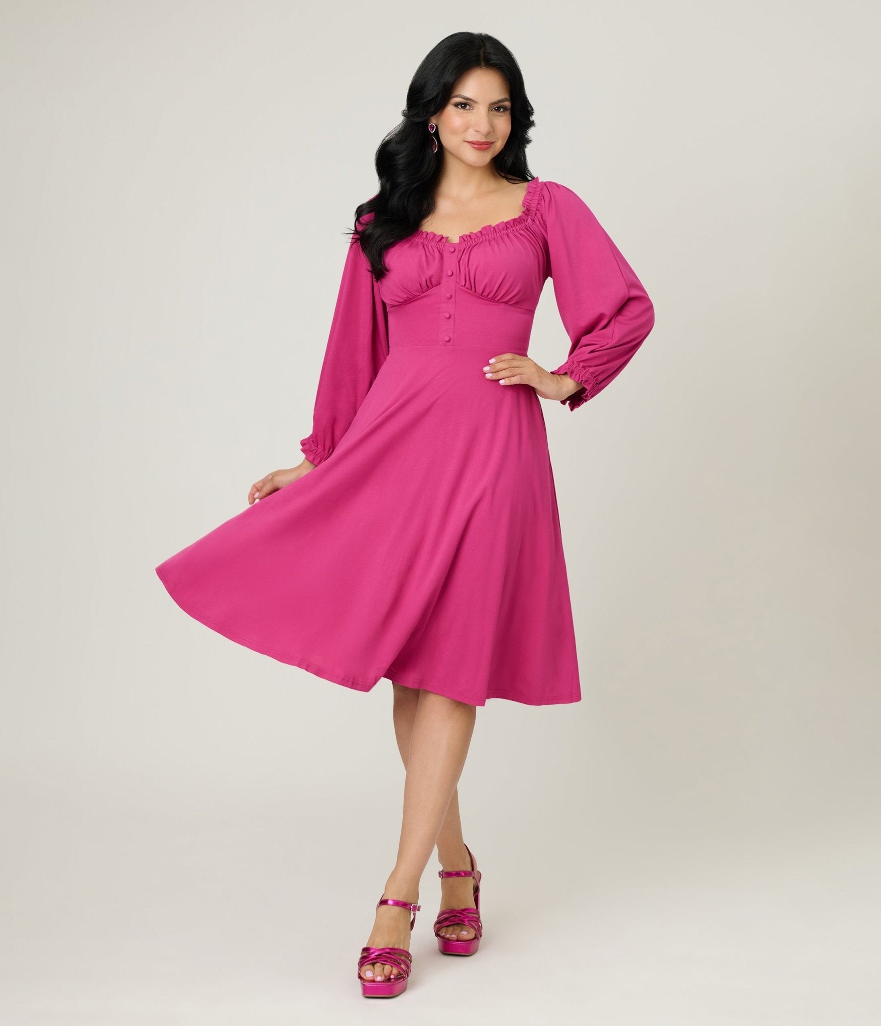 Unique Vintage Pink Peasant Sleeve Swing Dress - Unique Vintage - Womens, BOTTOMS, SKIRTS