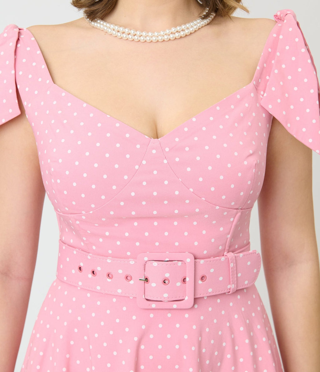Unique Vintage Pink Pin Dot Off The Shoulder Prairie Swing Dress - Unique Vintage - Womens, DRESSES, SWING