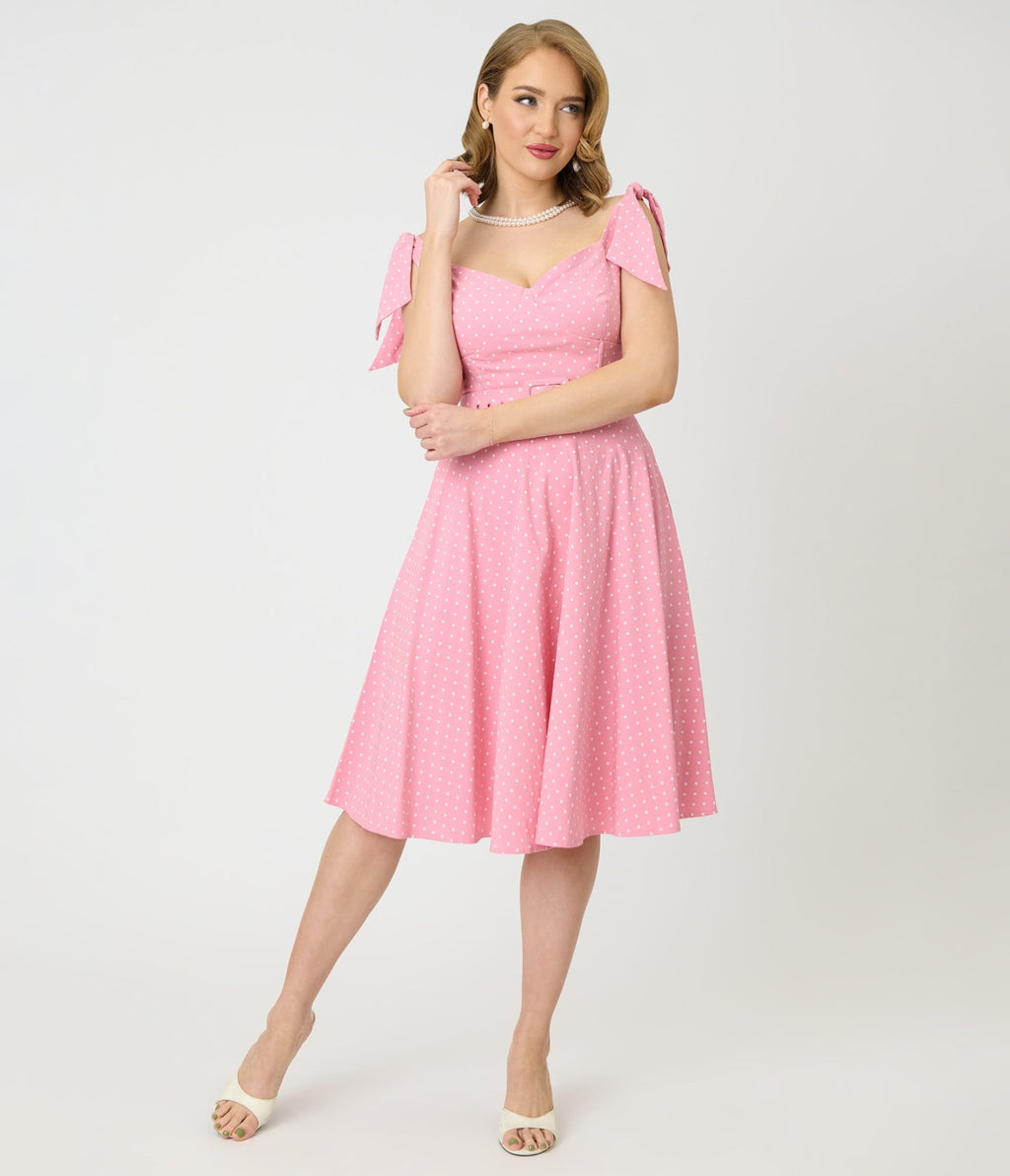 Unique Vintage Pink Pin Dot Off The Shoulder Prairie Swing Dress - Unique Vintage - Womens, DRESSES, SWING