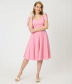 Unique Vintage Pink Pin Dot Off The Shoulder Prairie Swing Dress - Unique Vintage - Womens, DRESSES, SWING