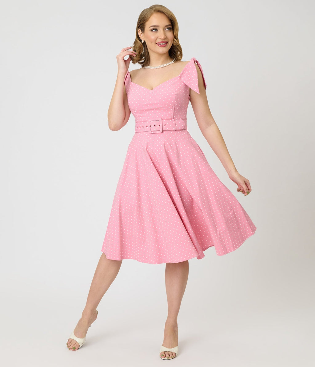 Unique Vintage Pink Pin Dot Off The Shoulder Prairie Swing Dress - Unique Vintage - Womens, DRESSES, SWING