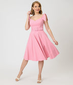 Unique Vintage Pink Pin Dot Off The Shoulder Prairie Swing Dress - Unique Vintage - Womens, DRESSES, SWING