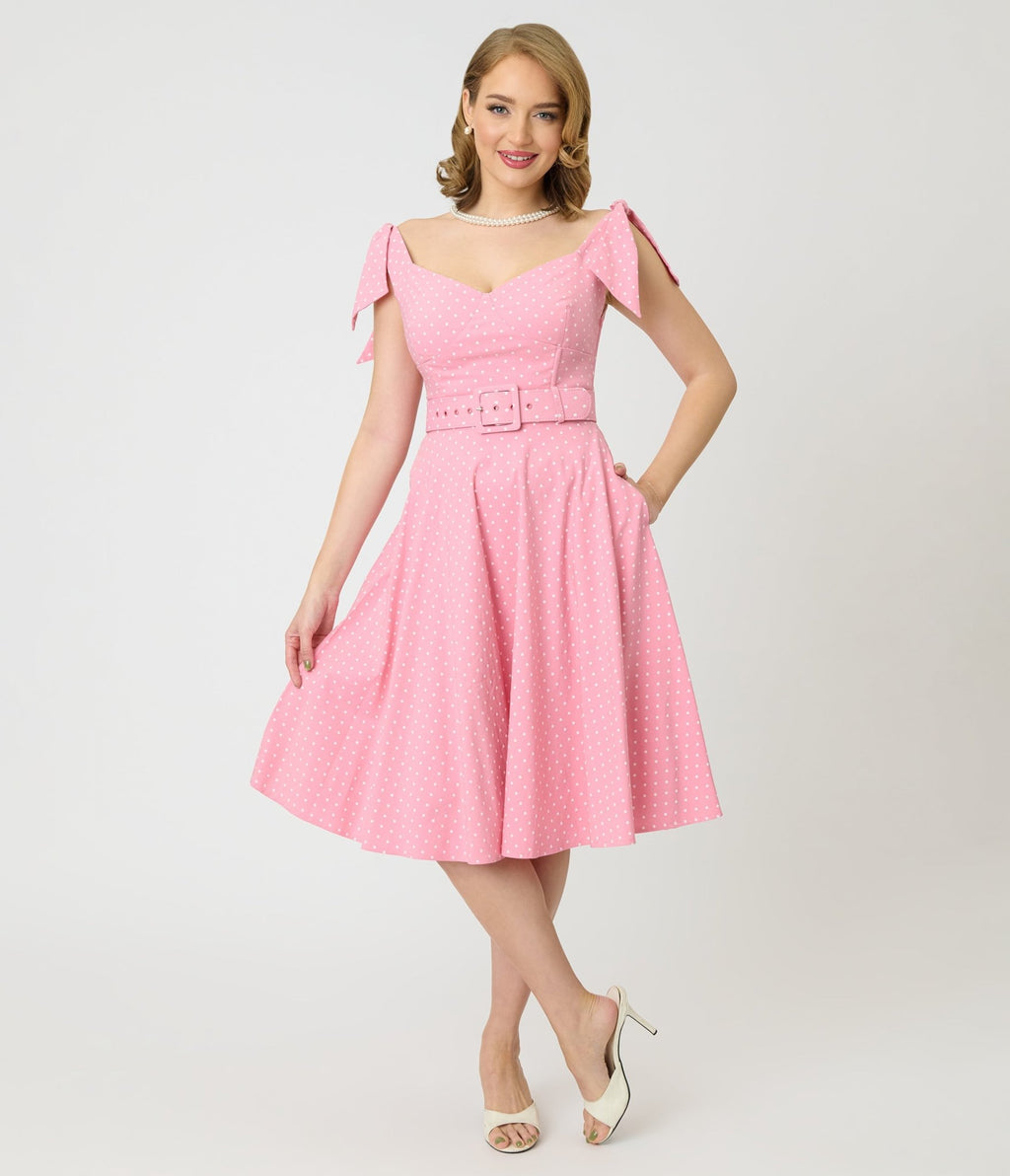 Unique Vintage Pink Pin Dot Off The Shoulder Prairie Swing Dress - Unique Vintage - Womens, DRESSES, SWING