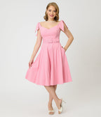 Unique Vintage Pink Pin Dot Off The Shoulder Prairie Swing Dress - Unique Vintage - Womens, DRESSES, SWING