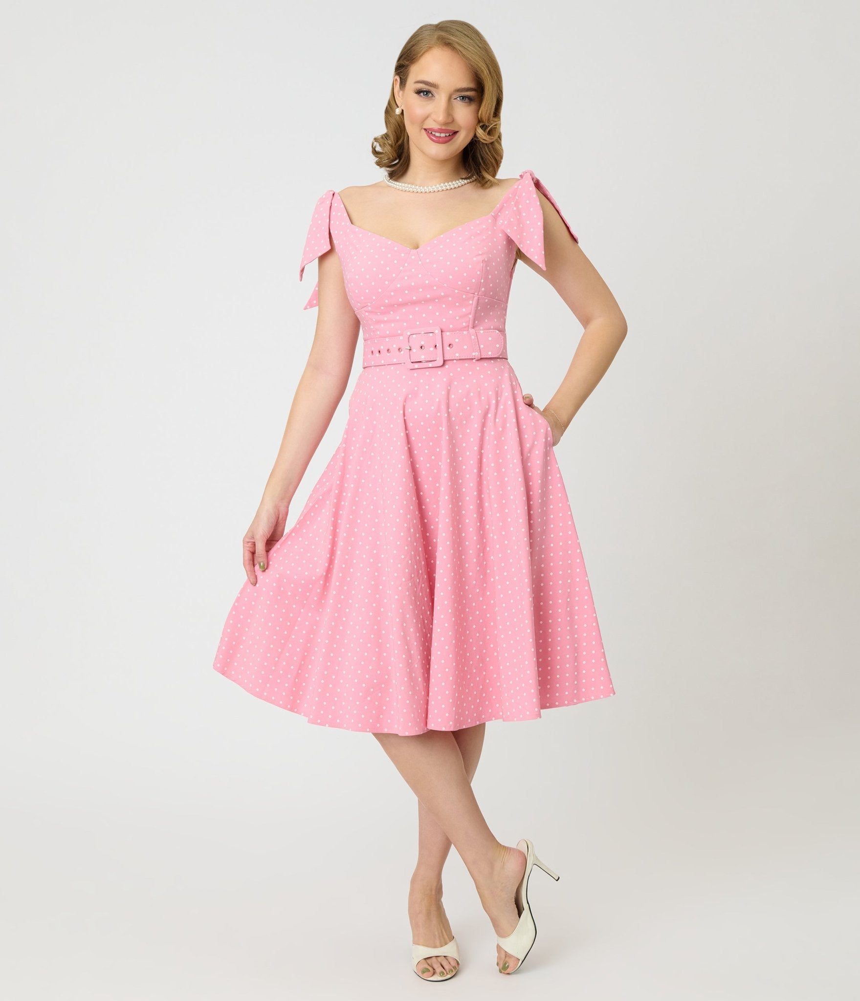 Unique Vintage Pink Pin Dot Off The Shoulder Prairie Swing Dress - Unique Vintage - Womens, DRESSES, SWING