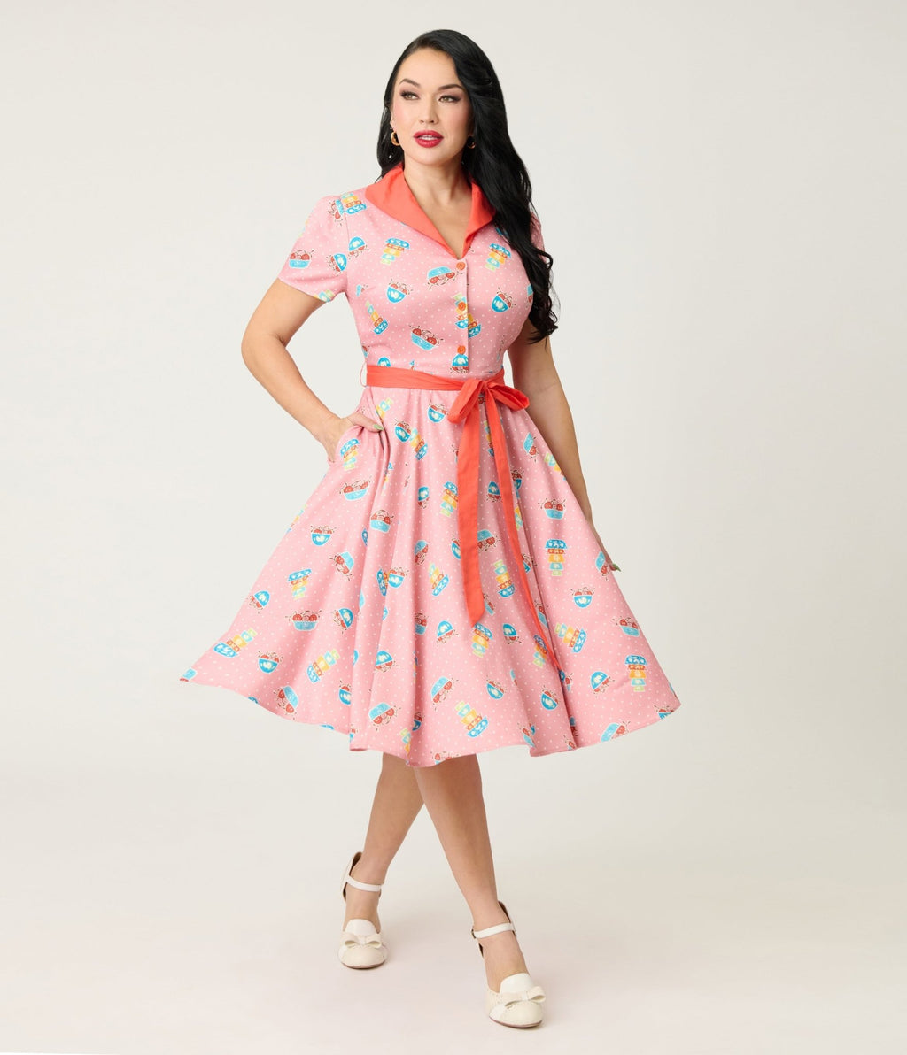 Unique Vintage Pink Pyrex Print Cotton Shirt Dress - Unique Vintage - Womens, DRESSES, SWING