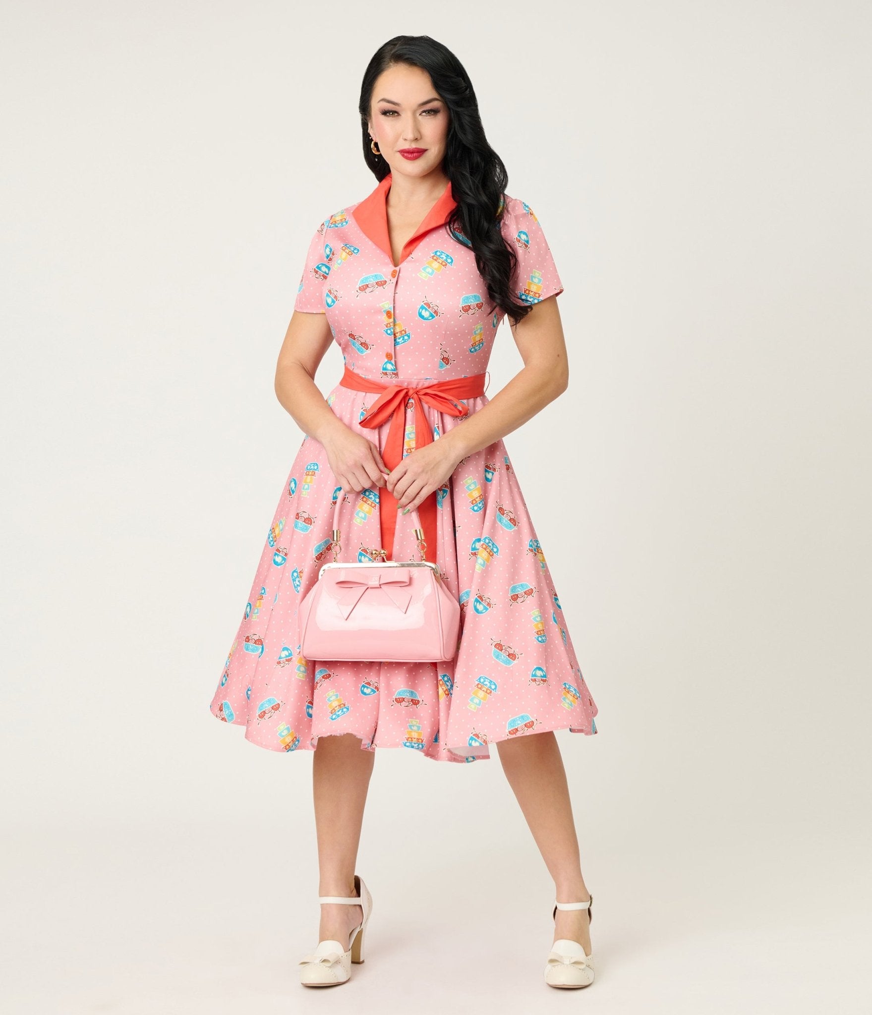 Unique Vintage Pink Pyrex Print Cotton Shirt Dress Unique Vintage Pink Pyrex Print Cotton Shirt Dress