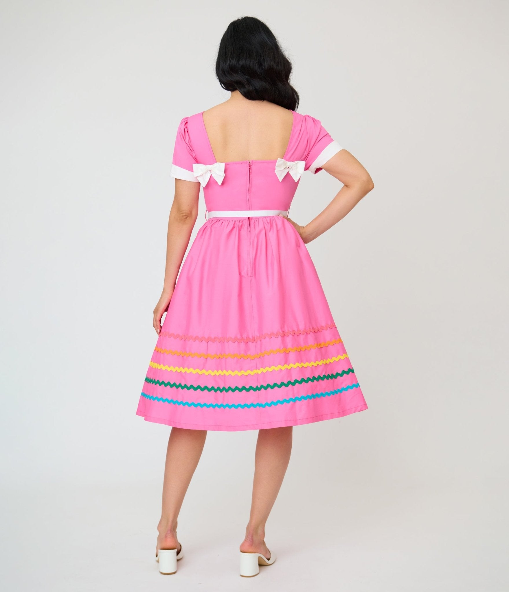 retro pink dresses Unique Vintage Pink & Rainbow Cotton Swing Dress S/4-6